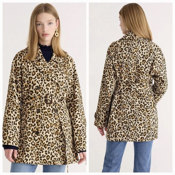 J Crew Collection XS Leopard Animal Print Short Belted Trench Coat BK634 - Picture 1 of 10